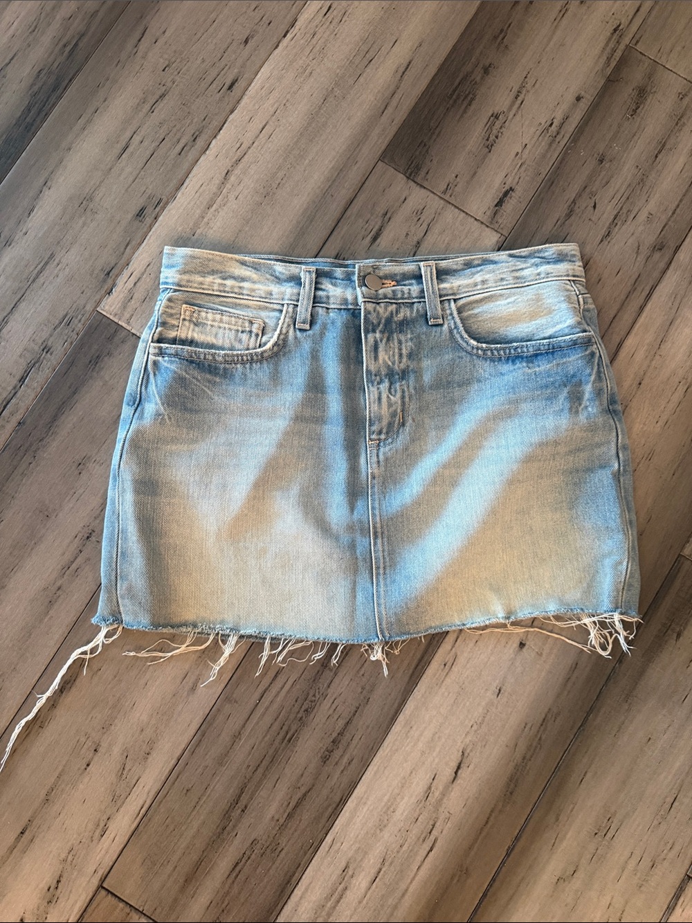 L'AGENCE Light Blue Denim Mini Skirt with Frayed Hem